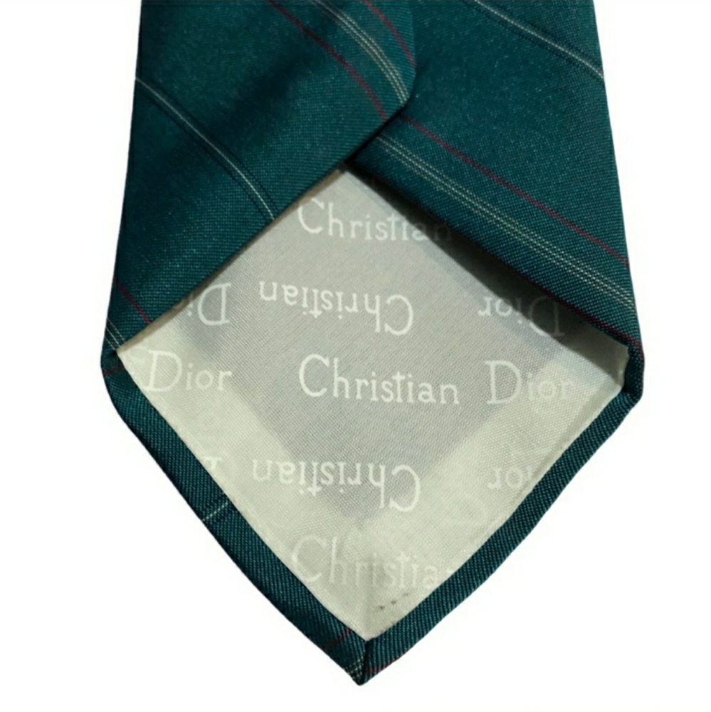 CHRISTIAN DIOR Teal Striped Silk Blend Tie- VINTAGE - Picture 5 of 8